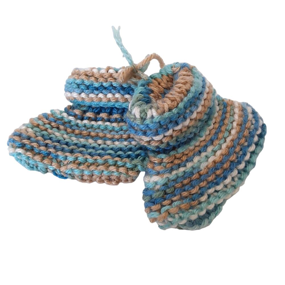 Vintage Handmade Crochet Baby Booties Blue Stripe One Size Hand Crafted